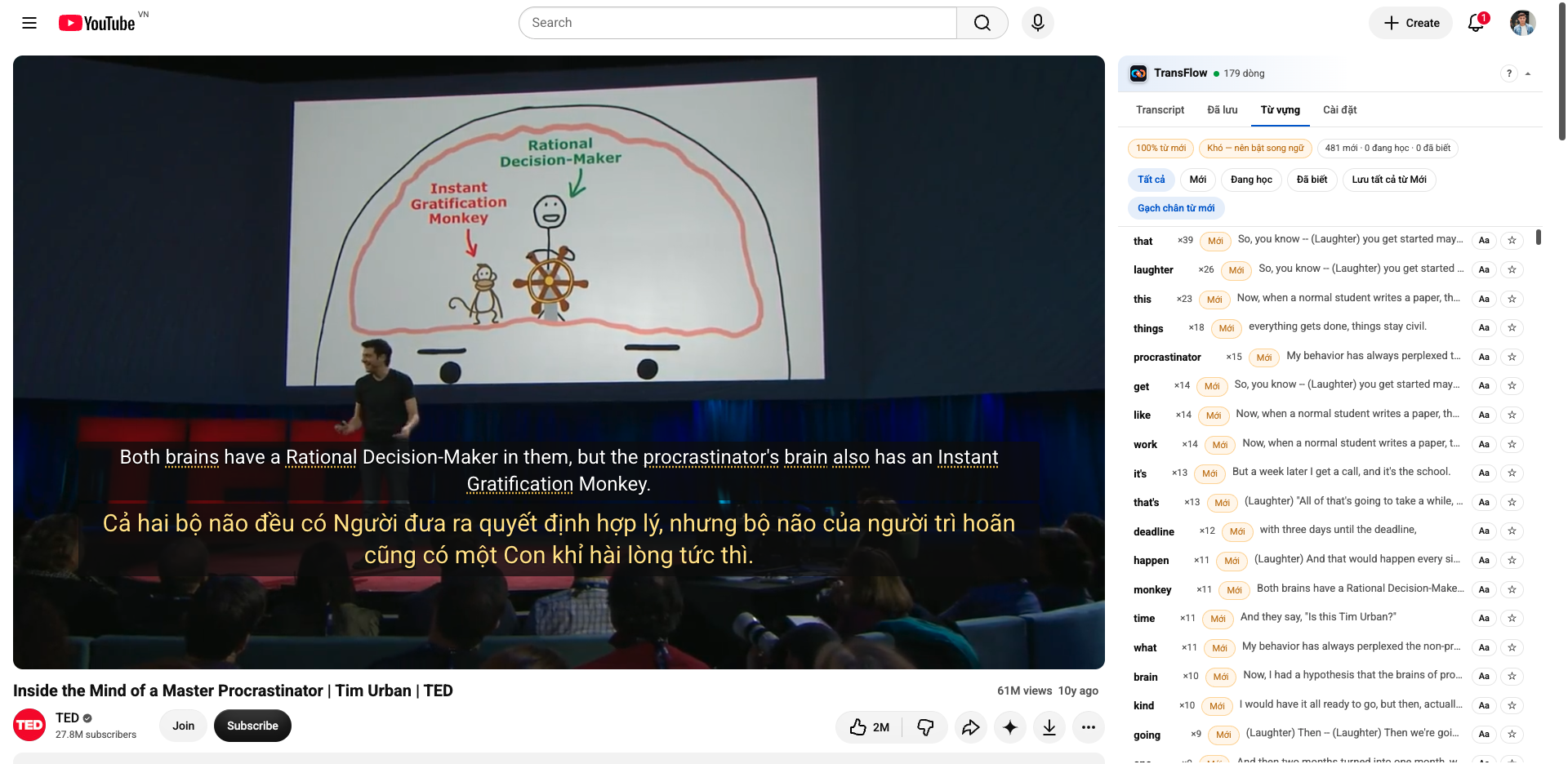 YouTubeにバイリンガル字幕。学習者向けに — 単語クリック、キー操作、.srtエクスポート。